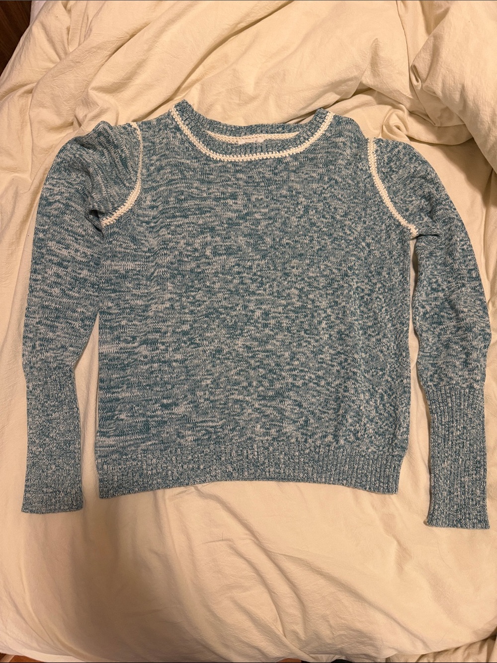 Soft Joie Blue Marled Crewneck Sweater with White Trim